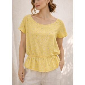 Joie Silk Yellow Floral Peplum Top Small Short Sleeve Blouse